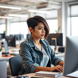 A young Latina woman with short hair, focused and engaged, working at a desktop computer in a modern office setting