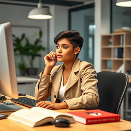 A young Latina woman with short hair, focused and engaged, working at a desktop computer in a modern office setting