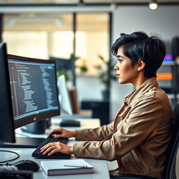 A young Latina woman with short hair, focused and engaged, working at a desktop computer in a modern office setting