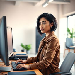 A young Latina woman with short hair, focused and engaged, working at a desktop computer in a modern office setting