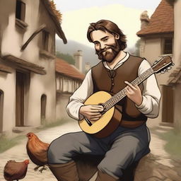 A detailed, high-quality illustration presents a dirty vagrant bard or minstrel in a medieval village