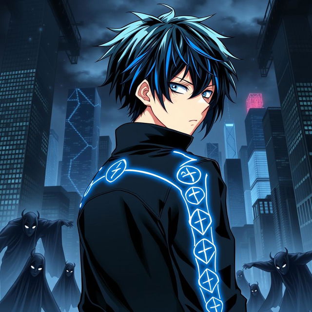 A manga cover featuring a 17-year-old male character with black hair and striking blue streaks