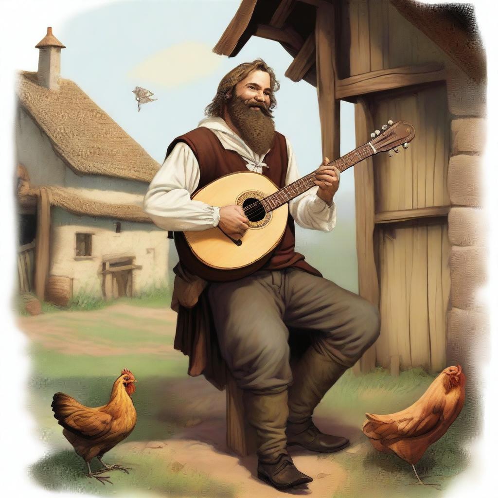 A high-quality illustration portrays a dirty vagrant bard with brown hair and a pale beard in a medieval village