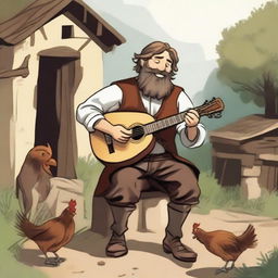 A high-quality illustration portrays a dirty vagrant bard with brown hair and a pale beard in a medieval village