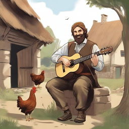 A high-quality illustration portrays a dirty vagrant bard with brown hair and a pale beard in a medieval village