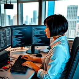 A focused Latina woman with short black hair, working diligently at her desk as a network engineer