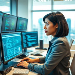 A focused Latina woman with short black hair, working diligently at her desk as a network engineer