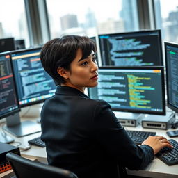 A focused Latina woman with short black hair, working diligently at her desk as a network engineer