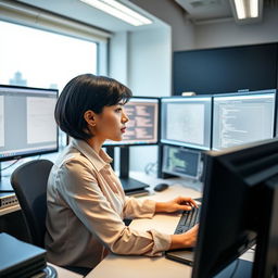 A focused Latina woman with short black hair, working diligently at her desk as a network engineer