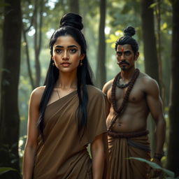 A serene scene in a forest setting, featuring a woman in a simple, earth-toned sari