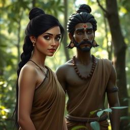 A serene scene in a forest setting, featuring a woman in a simple, earth-toned sari