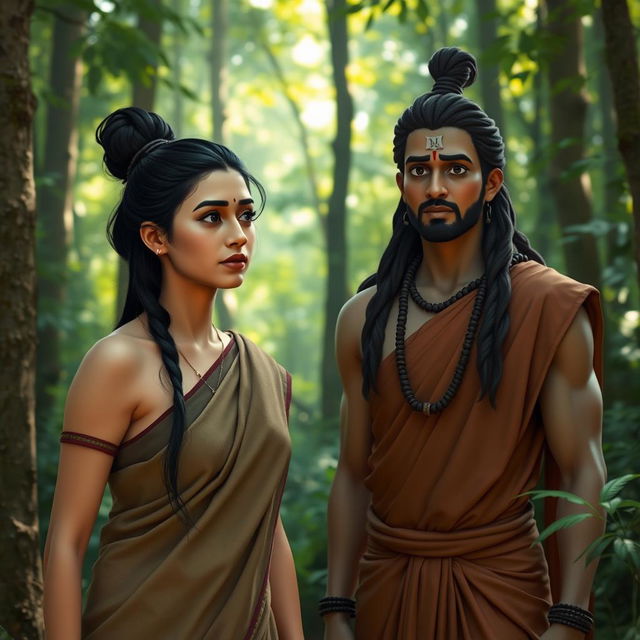 A serene scene in a forest setting, featuring a woman in a simple, earth-toned sari