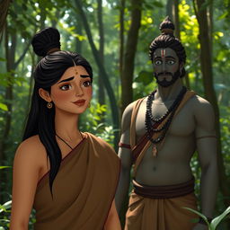 A serene scene in a forest setting, featuring a woman in a simple, earth-toned sari