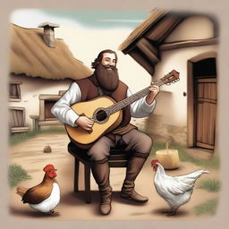 A high-quality illustration portrays a dirty vagrant bard with brown hair and a pale beard in a medieval village