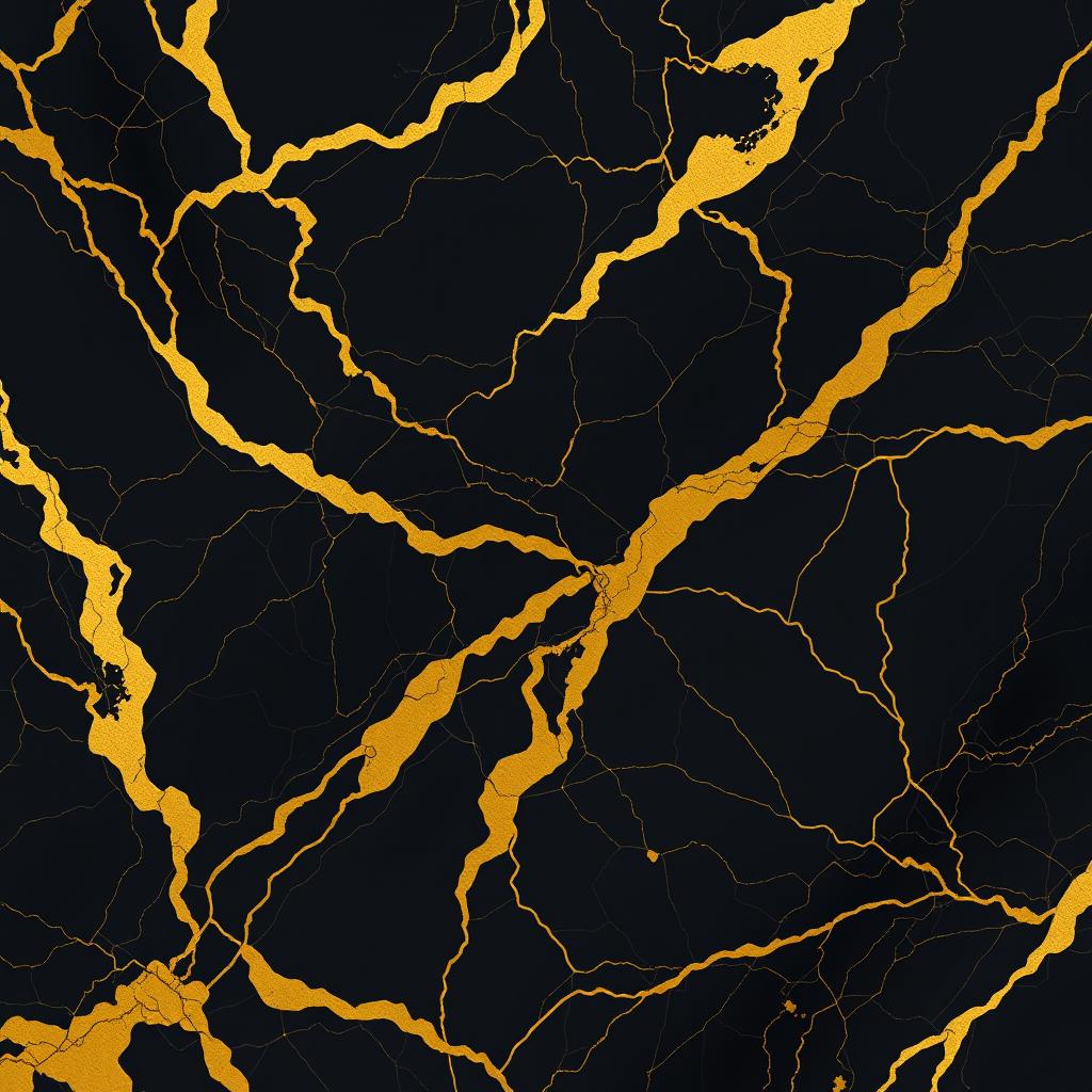 A vibrant 2D illustration of black marble featuring striking gold patterns elegantly intertwined throughout the surface