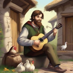 A vivid, high-quality illustration depicts a dirty vagrant bard in a medieval village