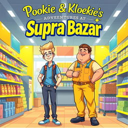 A vibrant illustration depicting the adventures of two work colleagues, Pookie and Kloekie, at their workplace 'Supra Bazar', a bustling store in Gullegem