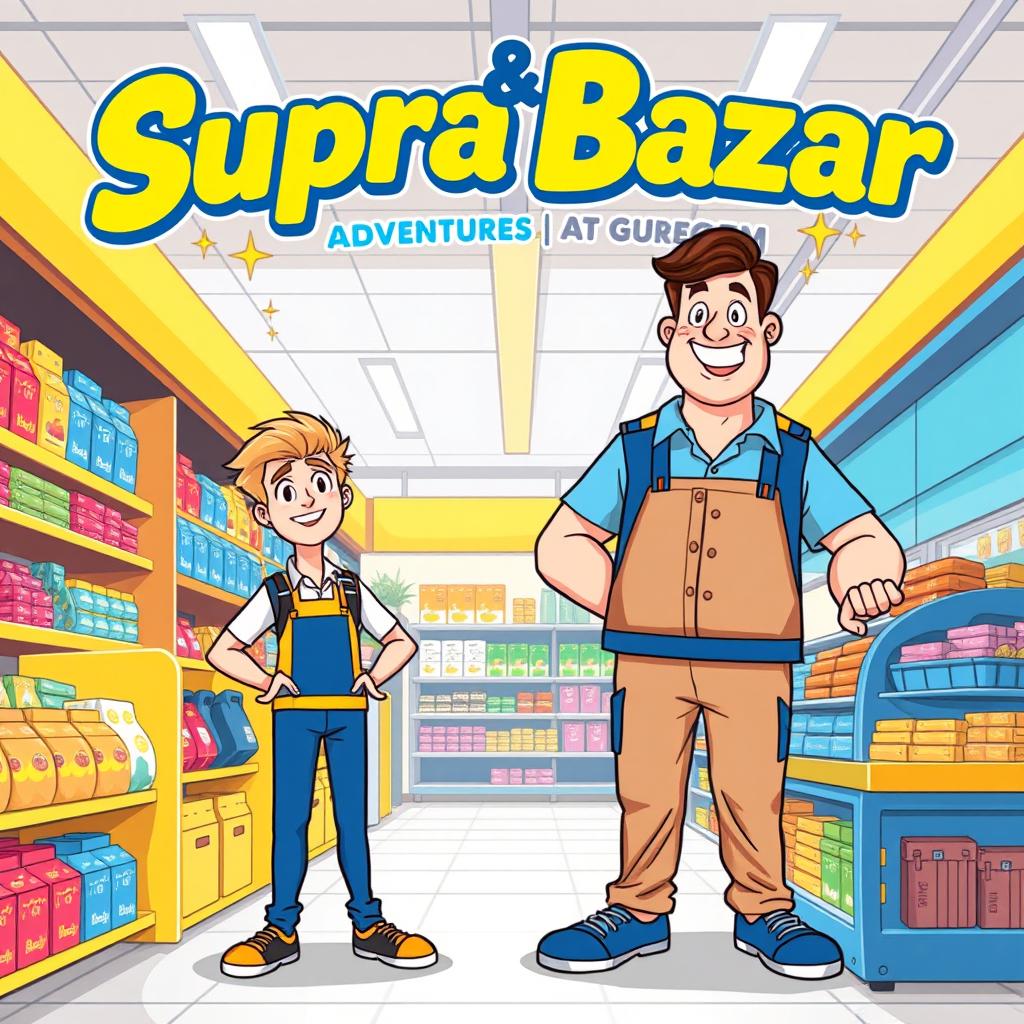 A vibrant illustration depicting the adventures of two work colleagues, Pookie and Kloekie, at their workplace 'Supra Bazar', a bustling store in Gullegem