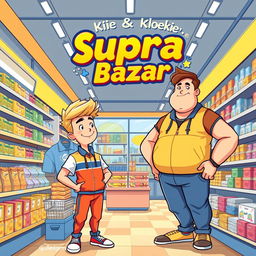 A vibrant illustration depicting the adventures of two work colleagues, Pookie and Kloekie, at their workplace 'Supra Bazar', a bustling store in Gullegem