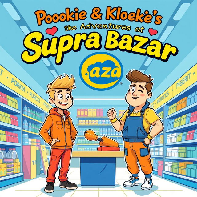 A vibrant illustration depicting the adventures of two work colleagues, Pookie and Kloekie, at their workplace 'Supra Bazar', a bustling store in Gullegem