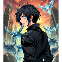 A dynamic manga cover featuring a 17-year-old teenager with sleek, black hair and striking blue streaks, wearing a stylish black jacket adorned with glowing runes running down from the shoulder parts