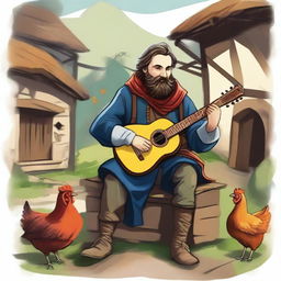 A vivid, high-quality illustration depicts a dirty vagrant bard in a medieval village