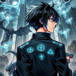 A dynamic manga cover featuring a 17-year-old teenager with sleek, black hair and striking blue streaks, wearing a stylish black jacket adorned with glowing runes running down from the shoulder parts