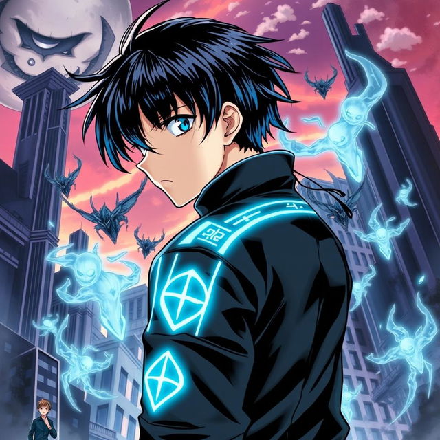 A dynamic manga cover featuring a 17-year-old teenager with sleek, black hair and striking blue streaks, wearing a stylish black jacket adorned with glowing runes running down from the shoulder parts