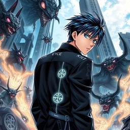A dynamic manga cover featuring a 17-year-old teenager with sleek, black hair and striking blue streaks, wearing a stylish black jacket adorned with glowing runes running down from the shoulder parts