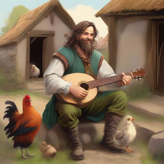 A vivid, high-quality illustration depicts a dirty vagrant bard in a medieval village