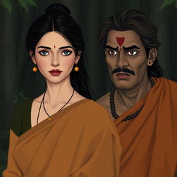 A serene and intimate scene depicting a woman wearing a simple old sari in earth tones