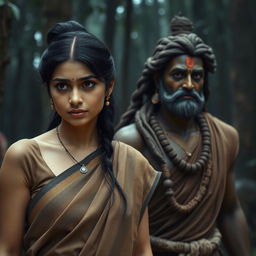 A serene and intimate scene depicting a woman wearing a simple old sari in earth tones