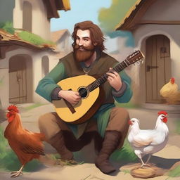 A vivid, high-quality illustration depicts a dirty vagrant bard in a medieval village