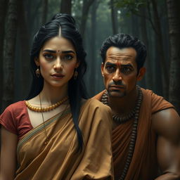 A serene and intimate scene depicting a woman wearing a simple old sari in earth tones