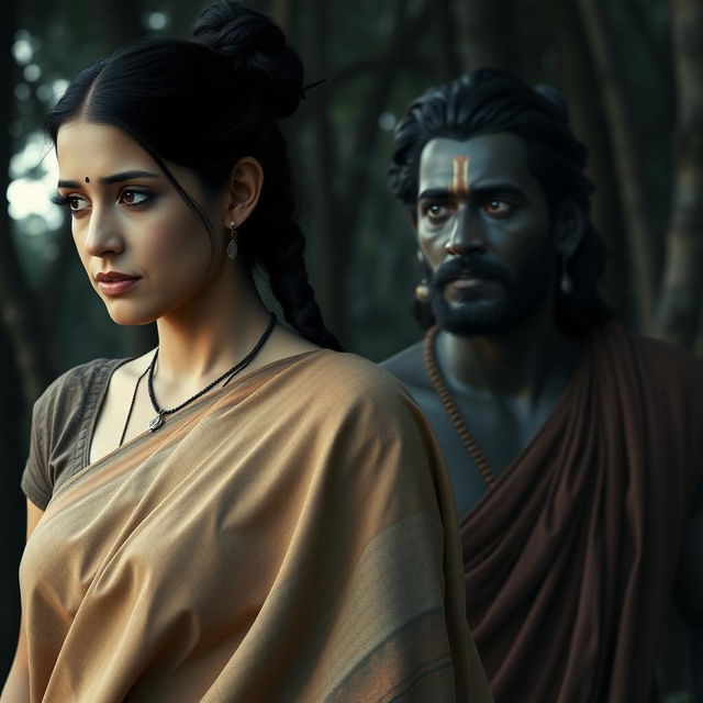 A serene and intimate scene depicting a woman wearing a simple old sari in earth tones