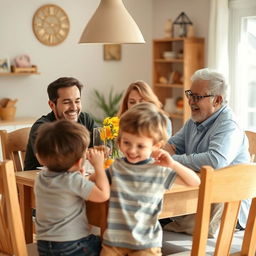 A cheerful family gathering scene, featuring a cozy dining table