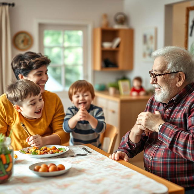 A cheerful family gathering scene, featuring a cozy dining table