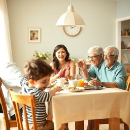 A cheerful family gathering scene, featuring a cozy dining table