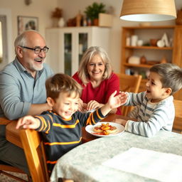 A cheerful family gathering scene, featuring a cozy dining table