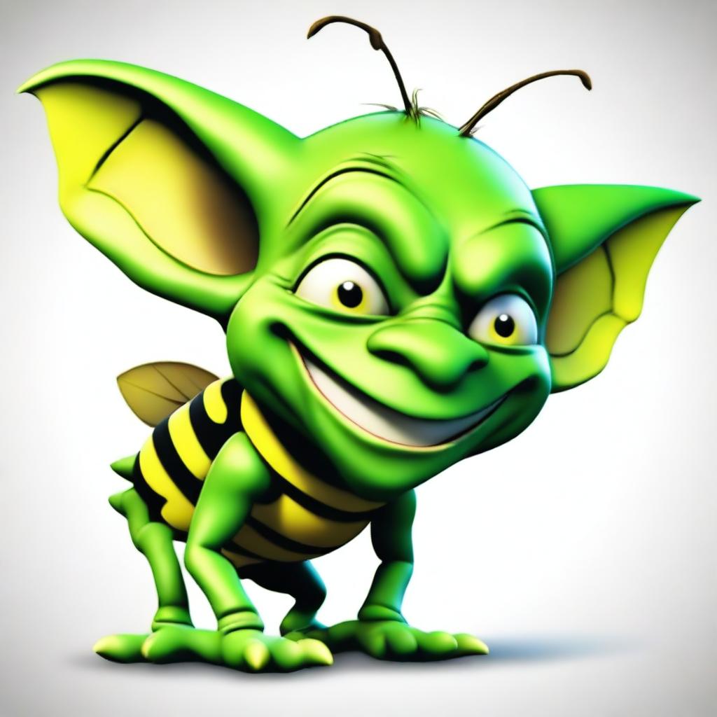 An image of a mischievous goblin with a crooked smile, rendered in high-quality digital art