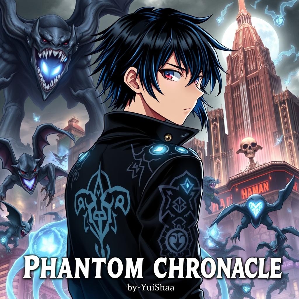 A dynamic manga cover for 'Phantom Chronicle' by YuuShaa, featuring a 17-year-old teenager with slick, black hair accented by striking blue streaks