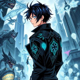 A dynamic manga cover for 'Phantom Chronicle' by YuuShaa, featuring a 17-year-old teenager with slick, black hair accented by striking blue streaks