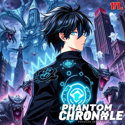 A dynamic manga cover for 'Phantom Chronicle' by YuuShaa, featuring a 17-year-old teenager with slick, black hair accented by striking blue streaks