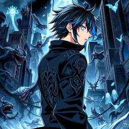 A dynamic manga cover for 'Phantom Chronicle' by YuuShaa, featuring a 17-year-old teenager with slick, black hair accented by striking blue streaks