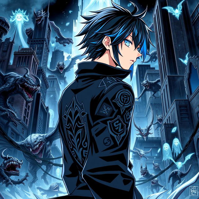 A dynamic manga cover for 'Phantom Chronicle' by YuuShaa, featuring a 17-year-old teenager with slick, black hair accented by striking blue streaks