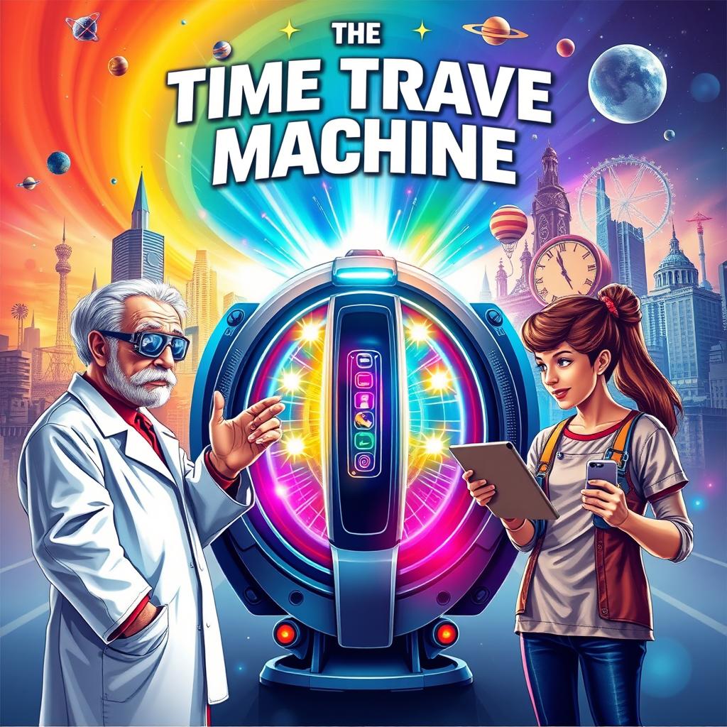 A vibrant poster for a science fiction movie titled 'The Time Travel Machine'