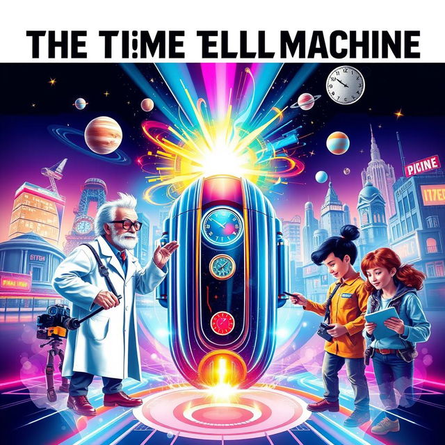 A vibrant poster for a science fiction movie titled 'The Time Travel Machine'