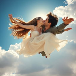 A beautiful woman with long flowing hair and a radiant smile, wearing a delicate, flowing dress, and a handsome man with a charming smile and tousled hair, dressed in a stylish outfit, are captured mid-air in a passionate kiss as they fall gracefully from a bright blue sky