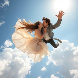 A beautiful woman with long flowing hair and a radiant smile, wearing a delicate, flowing dress, and a handsome man with a charming smile and tousled hair, dressed in a stylish outfit, are captured mid-air in a passionate kiss as they fall gracefully from a bright blue sky