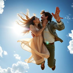 A beautiful woman with long flowing hair and a radiant smile, wearing a delicate, flowing dress, and a handsome man with a charming smile and tousled hair, dressed in a stylish outfit, are captured mid-air in a passionate kiss as they fall gracefully from a bright blue sky